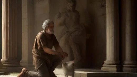 A man with a weathered face, Odysseus, kneeling down to pet an old, loyal dog, Argos, with a tear in his eye, surrounded by a subtle aura of ancient Greek architecture, cinematic lighting, emotional scene.