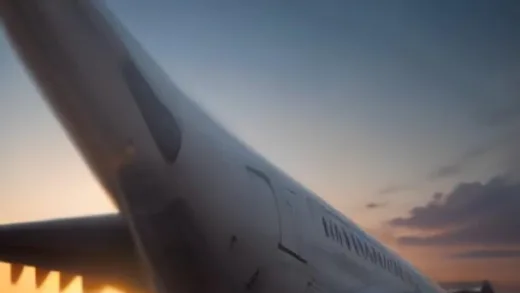 A massive Airbus A350 wide-body airliner on a runway at golden sunset, close-up of a huge turbofan jet engine with a silver logo badge on the nacelle, warm cinematic light, photorealistic aviation photography, dramatic sky