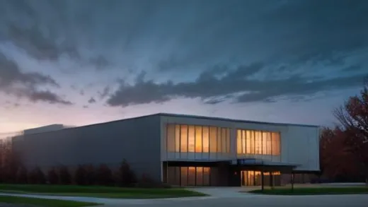 A modern AI data center exterior at dusk in upstate New York, surrounded by autumn trees, with a large construction halted sign in front, dramatic overcast sky, photorealistic, wide-angle shot, news documentary style