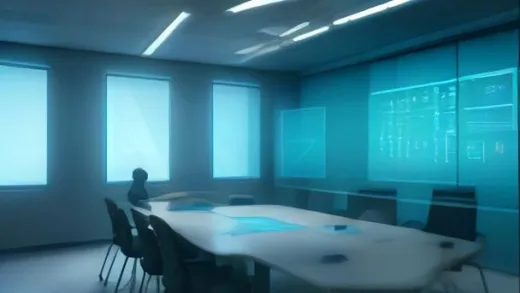 A modern business meeting scene with a holographic 2x2 matrix showing four decision-making quadrants, AI assistant interface floating in the air, diverse Korean professionals discussing, clean futuristic office, soft blue and teal lighting, photorealistic, high detail