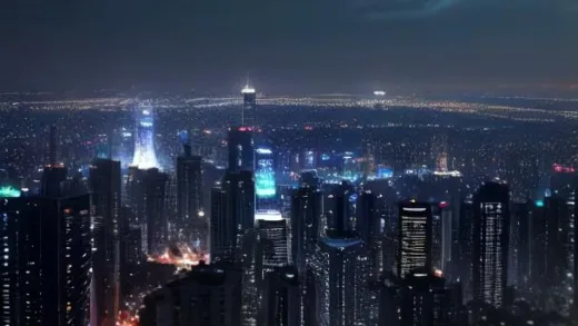A modern city skyline at dusk, with digital AI elements glowing, symbolizing rapid economic growth and technological advancement in Taiwan.