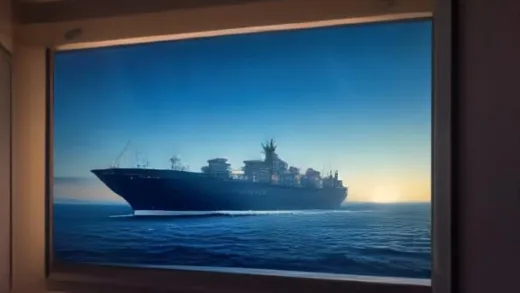 A modern container ship, the Penstar Acro, sailing through a clear, blue Arctic passage, with a subtle glow on the horizon, representing a new shipping route. Dynamic lighting.