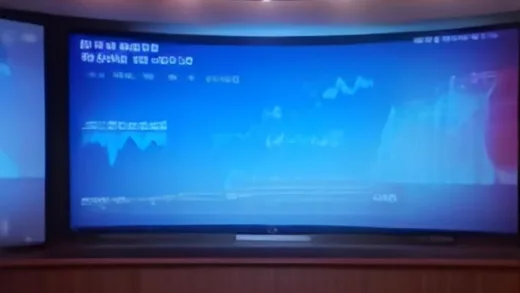 A modern financial TV studio set with a large screen showing a KOSPI candlestick chart with a sharp drop and rebound, a Korean anchor and analyst discussing, dramatic blue and red lighting, photorealistic, 16:9 aspect ratio
