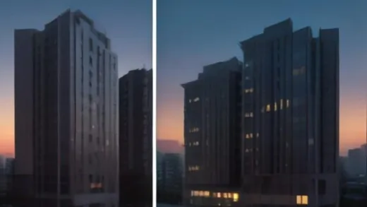 A modern Korean apartment complex at dusk, split screen showing the same building with two different price tag labels of 1.4 billion and 0.9 billion KRW, one side bright with a family silhouette inside and the other side dim and empty, clean professional financial infographic, soft blue and orange tones