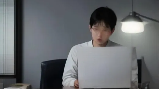 A modern Korean government office at night, a civil servant working at a desk with stacks of papers and a computer showing spreadsheets, wall clock showing late hour, warm desk lamp glow, cinematic photorealistic style