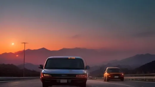A modern Korean highway scene at dusk with diverse vehicles, a sleek Chinese electric SUV in the foreground, dramatic orange and blue sky, cinematic automotive photography style