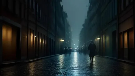A moody Hamburg harbor street at dusk, a German intelligence agent in a trench coat watching a mysterious man from a distance, rain-slicked cobblestones, surveillance atmosphere, cinematic thriller lighting, muted blue and teal tones, photorealistic