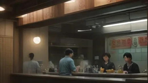 A nostalgic Korean neighborhood gimbap shop interior with a middle-aged owner rolling gimbap at a stainless steel counter, steam rising, warm fluorescent lighting, mostly empty tables suggesting declining customers, photorealistic, cinematic depth of field