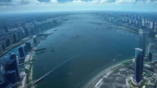 A panoramic view of modern Singapore's skyline including Marina Bay Sands and Changi Airport, with a subtle overlay showing a historical map of the same area as a swampy coastline, emphasizing the transformation from sea to land.
