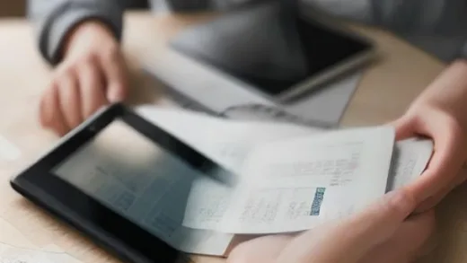 A person looking at a financial chart on a tablet, a stack of money in the foreground, representing financial planning for retirement.