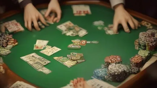 A person sitting at a poker table looking confused, surrounded by stacks of chips. On another table, a vintage board game resembling Monopoly is being played, with one side clearly winning by acquiring all properties. The atmosphere is serious but engaging.