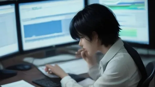 A person sitting in front of a computer screen with stock charts, looking thoughtful while comparing different brokerage options, a calculator nearby. The scene is modern and professional, with a focus on financial decision-making.