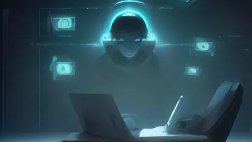 A person sitting in front of a laptop, surrounded by futuristic AI-generated images and money flying around, looking hopeful but with a hint of skepticism. The overall tone is modern and slightly fantastical, representing the allure of easy AI money.
