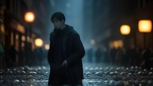 A person standing calmly in the middle of a chaotic, blurry crowd, with a serene expression. Metaphorical "stones" are subtly visible around them, representing inner burdens. The scene is brightly lit, emphasizing clarity and composure.