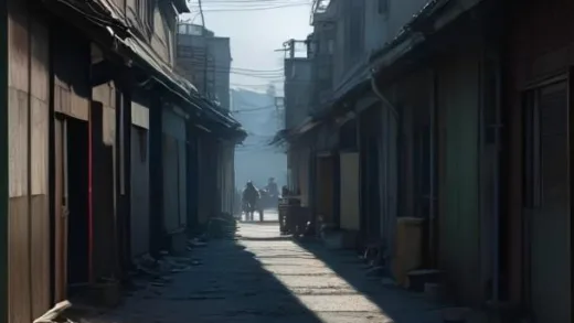 A poignant scene in Hwanghak-dong, Seoul, in 2026. Mountains of used commercial kitchen equipment, like refrigerators and fryers, are stacked along a dusty alleyway. Sunlight glints off the cold stainless steel, emphasizing the feeling of abandonment and economic struggle. A 'for lease' sign is visible in the background.