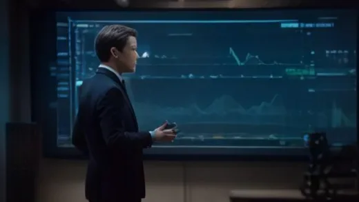 A professional podcast studio scene with an elderly financier in a navy suit speaking into a microphone, a large screen behind him displaying AI neural network graphics and stock market charts, cinematic warm lighting, photorealistic, high detail