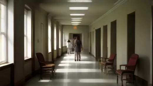 A quiet nursing home hallway in 1991 rural New York, elderly residents sitting in chairs facing an empty corridor, clean shiny floors, soft melancholic window light, realistic documentary photography style
