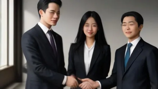 A realistic photo of three powerful CEOs, one representing a global leader, another a major AI chip company, and the third a rising custom chip company, standing side by side at an international AI summit in San Francisco in 2026. They are smiling and shaking hands. The setting is modern and high-tech.