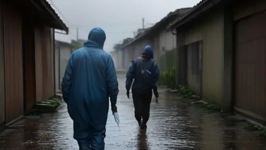 A relief worker handing aid to a grateful family in a heavily rained-on residential area, with a small business owner in the background, 2026, realistic photo, wide shot.