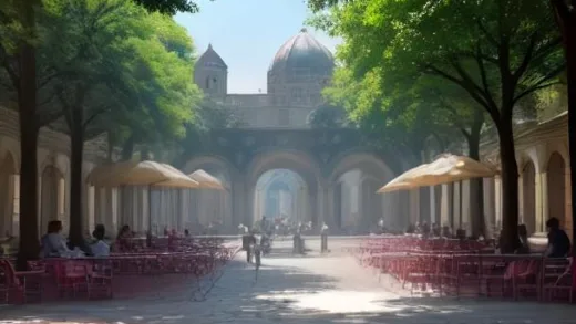 A scorching summer heatwave in a historic European city square, elderly people seeking shade under umbrellas and trees, a large thermometer showing 40 degrees Celsius, dramatic sunlight and heat haze over cobblestone streets, documentary photojournalism style