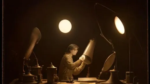 A sepia-toned 1899 astronomical observatory scene, an astronomer examining photographic glass plates under warm lamplight, a faint tiny moon of Saturn visible on the glass plate, antique telescopes and instruments, vintage scientific atmosphere, cinematic lighting