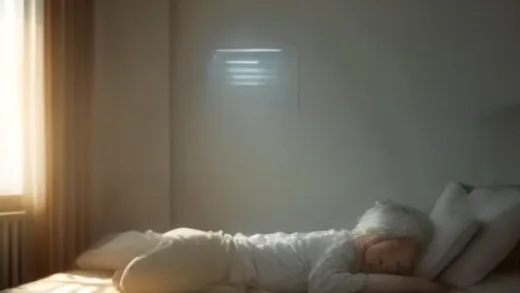 A serene elderly Korean person waking up in a bright bedroom at dawn, soft morning sunlight streaming through curtains, a glowing healthy brain hologram floating above their head symbolizing night-time brain cleaning, warm hopeful atmosphere, photorealistic, high detail