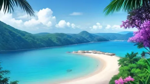 A serene, luxurious cruise ship anchored off the coast of a beautiful island with pink sand beaches and lush greenery, under a clear blue sky, illustrating a wealthy paradise.