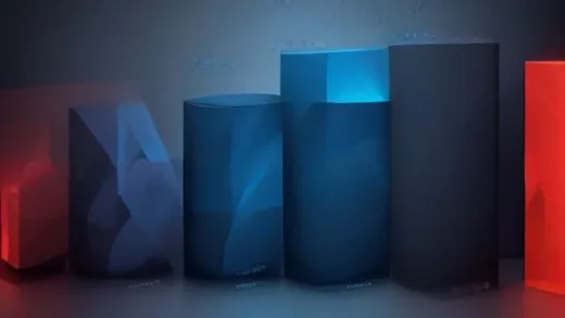 A sleek 3D data visualization showing a rising bar chart of global DRAM market share, four podium positions with the fourth bar surging in red, glowing circuit patterns in background, dark tech aesthetic with blue and red accents, professional infographic style