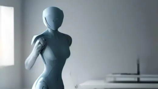 A sleek, futuristic humanoid robot with soft, glowing joints, carefully folding a white towel in a clean, minimalist home environment. The robot's hands are focused on the fabric. The scene is brightly lit, emphasizing precision and grace.