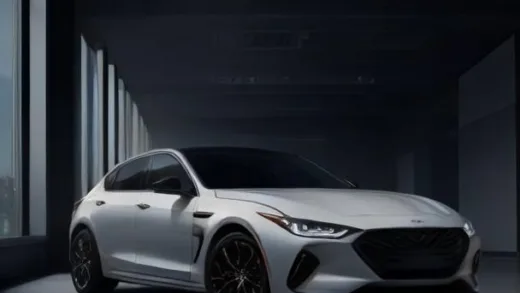 A sleek luxury SUV showroom scene featuring a modern Genesis GV70 in a vibrant North American city at dusk, glossy showroom floor reflecting warm city lights through large glass windows, cinematic professional automotive photography