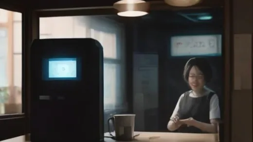 A small business owner happily using a modern, user-friendly kiosk in a well-lit cafe, with a serving robot in the background. The scene is bright and depicts digital innovation.