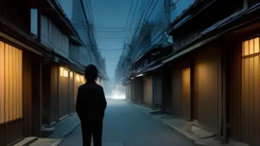 A solitary figure standing on a quiet, remote Japanese street at dusk, their back to the viewer, implying disappearance, with subtle hints of traditional Japanese architecture and modern urban elements in the background, a sense of mystery and introspection.