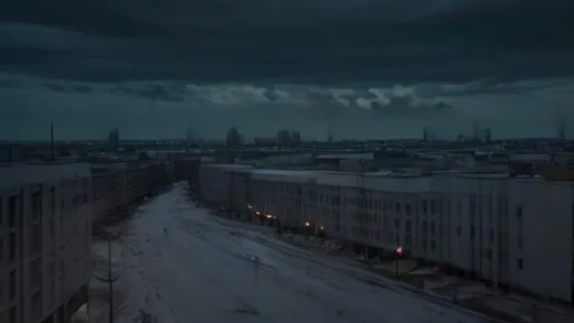 A somber aerial view of a Russian city at dusk with dark storm clouds, empty supermarket shelves in the foreground, subtle war-torn atmosphere, cinematic documentary photography style, muted colors, high detail
