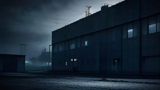 A somber image of a modern battery factory with some areas dark or disused, representing closure and crisis, with a small Apple logo subtly visible on a distant, bright screen. The overall mood is serious and reflective of financial hardship.