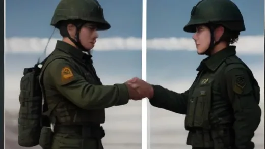 A split image showing a handshake between two leaders on one side, and on the other, military drills being scaled down, with a calendar indicating a shorter duration. The overall tone is diplomatic tension and strategy.