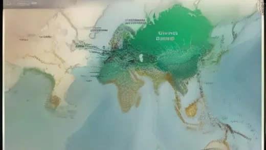 A stylized map showing connections between the US, Iran, and China, with oil tankers and financial symbols illustrating the complex web of sanctions and trade.