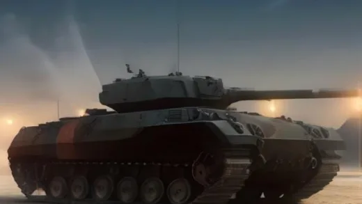A technologically advanced K9 self-propelled howitzer, sleek and powerful, positioned on a global map. Lines connect the K9 to various countries, indicating global market dominance. The "Made in Korea" label is prominent on the vehicle. A subtle, futuristic glow emanates from the howitzer, symbolizing its advanced capabilities.