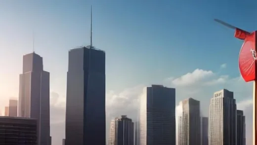A thermometer showing 40.2 degrees Celsius with a backdrop of a city experiencing a heatwave, people fanning themselves, and subtle economic graphs in the background, realistic photo.