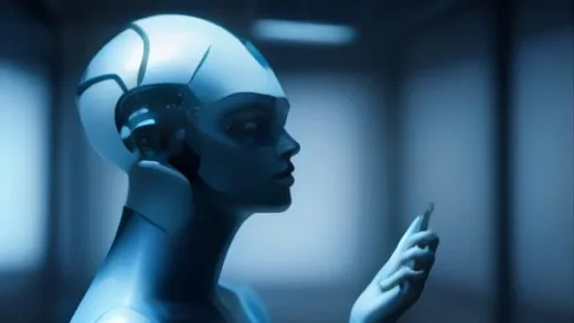 A thoughtful person looking at a shimmering, abstract AI interface, contemplating the blurring lines between human and artificial intelligence, in a futuristic, sleek environment.