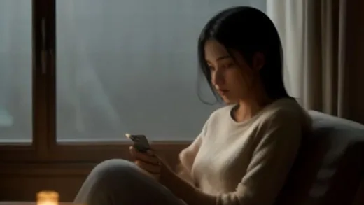 A thoughtful person sitting alone on a cozy sofa in a warm living room at dusk, holding a smartphone with a glowing notification, soft window light, calm introspective mood, cinematic photography, shallow depth of field