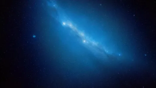 A vast cosmic scene with a long, thin, straight trail of newly formed blue stars stretching across thousands of light-years. In the foreground, a distant galaxy. The trail appears as a luminous scar in the dark space. Dramatic lighting, realistic space photography style.