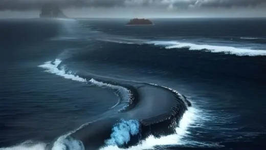 A vast, dark oil slick spreading across the blue ocean near a coastline, with a large oil tanker in the background, showing initial devastation, gloomy atmosphere, 2007, realistic, high detail