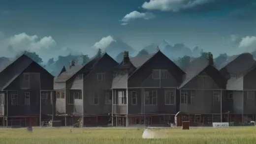 A vast field of houses with "Sold" signs, illustrating a housing bubble with rapidly increasing prices, under a sky with low interest rate symbols, depicting the start of the 2008 financial crisis.