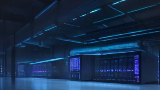 A vast, futuristic data center with rows of glowing server racks, surrounded by intricate cooling pipes and mist. In the foreground, a stylized "MODINE" logo. High-tech, clean, professional.