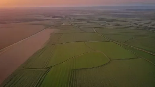 A vast grassy Manchurian plain along the Songhua River at golden hour, an empty archaeological excavation grid in the foreground, mysterious atmosphere of absence, cinematic documentary style, ultra detailed