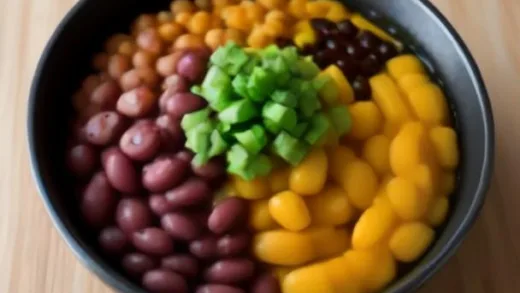 A vibrant bowl of black beans with various healthy ingredients in a clean, modern kitchen, emphasizing health and nutrition.