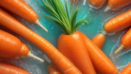 A vibrant close-up of fresh orange carrots with water droplets, next to a healthy heart illustration and a stethoscope, clean bright kitchen background, photorealistic style