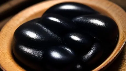 A vibrant, close-up shot of shiny black beans, some dry and some soaked, with a subtle glow, symbolizing hidden power and ancient wisdom.