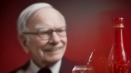 A vibrant image showing a classic Coca-Cola bottle with a subtle upward trend graph in the background, symbolizing stock growth. In the foreground, a silhouette of a distinguished investor (like Warren Buffett) smiling.