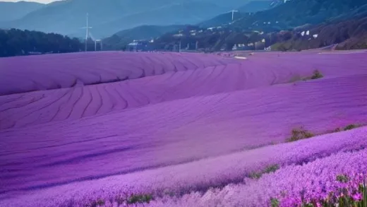 A vibrant purple aster flower field on a rolling hill in Geochang, South Korea, with large white wind turbines in the background under a clear autumn sky. People are leisurely walking through the flower field, enjoying the refreshing breeze.